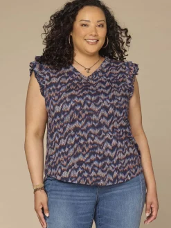 Double Ruffle Cap Sleeve Deep V-Neck Abstract Print Plus Size Knit Top