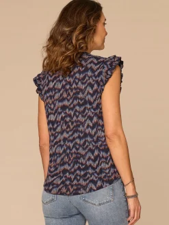 Double Ruffle Cap Sleeve Deep V-Neck Abstract Print Knit Top