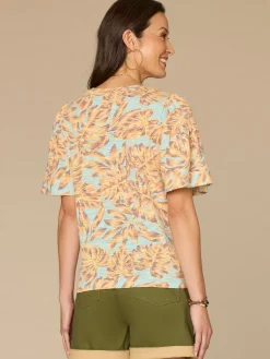 Elbow Bell Sleeve Scallop Scoop Neck Abstract Leaf Print Knit Top
