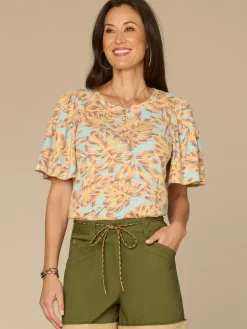 Elbow Bell Sleeve Scallop Scoop Neck Abstract Leaf Print Knit Top