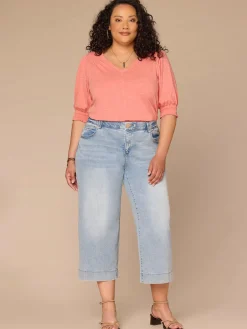 Elbow Blouson Sleeve Scallop V-Neck Smocked Knit Top