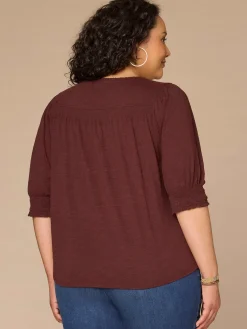 Elbow Blouson Sleeve Scallop V-Neck Smocked Knit Top