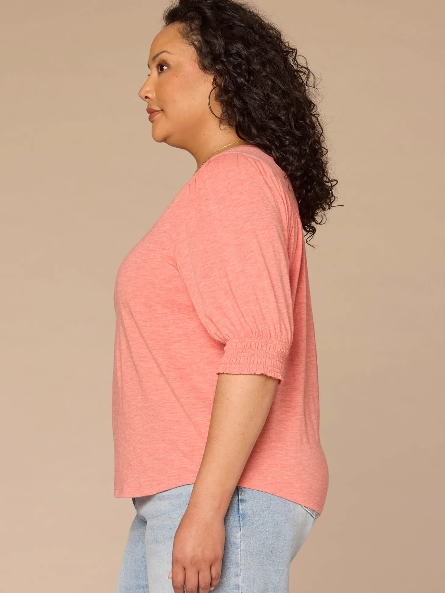 Elbow Blouson Sleeve Scallop V-Neck Smocked Knit Top