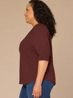 Elbow Blouson Sleeve Scallop V-Neck Smocked Knit Top