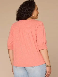 Elbow Blouson Sleeve Scallop V-Neck Smocked Knit Top