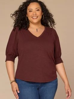 Elbow Blouson Sleeve Scallop V-Neck Smocked Knit Top