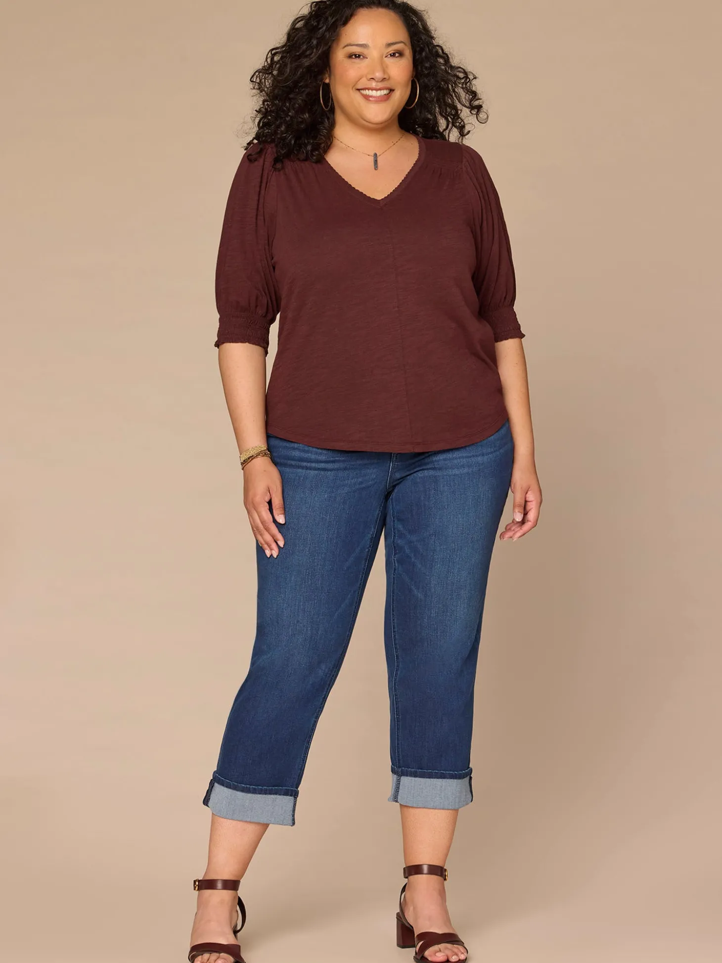Elbow Blouson Sleeve Scallop V-Neck Smocked Knit Top