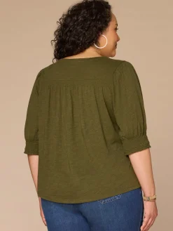 Elbow Blouson Sleeve Scallop V-Neck Smocked Knit Top