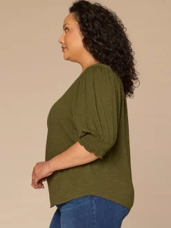 Elbow Blouson Sleeve Scallop V-Neck Smocked Knit Top