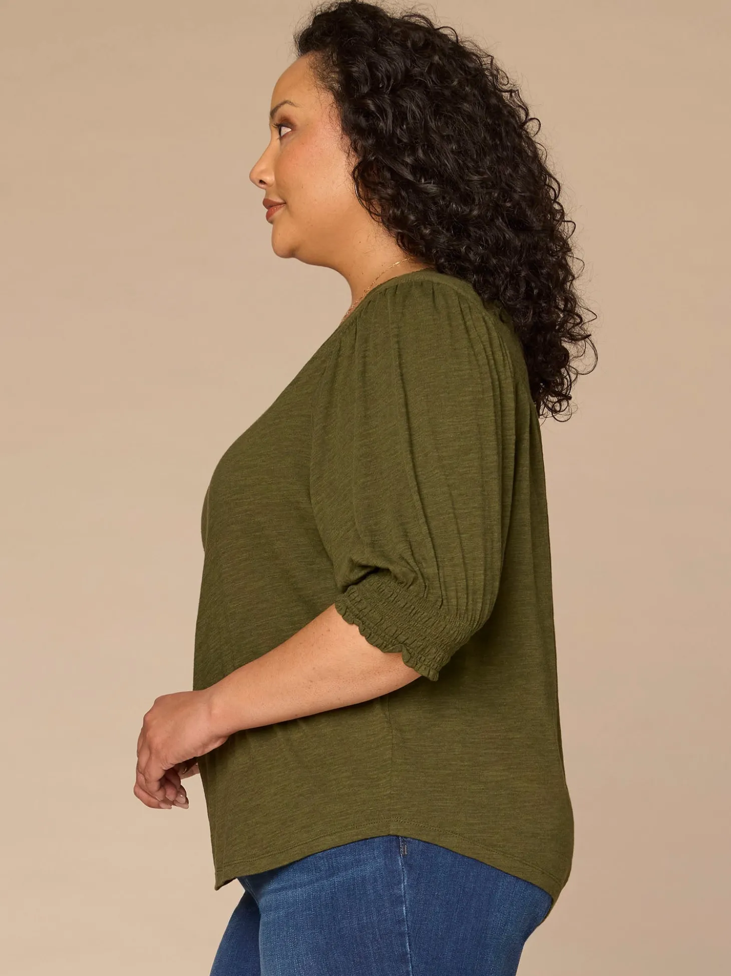 Elbow Blouson Sleeve Scallop V-Neck Smocked Knit Top