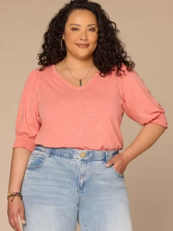 Elbow Blouson Sleeve Scallop V-Neck Smocked Knit Top