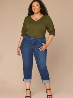 Elbow Blouson Sleeve Scallop V-Neck Smocked Knit Top