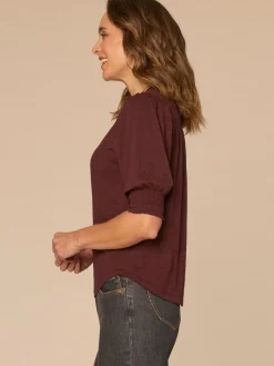 Elbow Blouson Sleeve Scallop V-Neck Smocked Knit Top