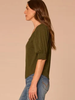 Elbow Blouson Sleeve Scallop V-Neck Smocked Knit Top
