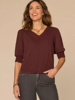 Elbow Blouson Sleeve Scallop V-Neck Smocked Knit Top
