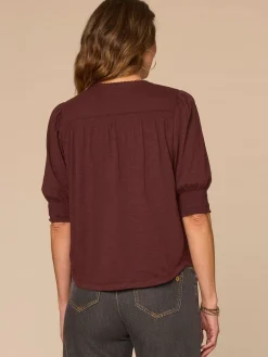 Elbow Blouson Sleeve Scallop V-Neck Smocked Knit Top