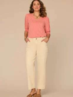 Elbow Blouson Sleeve Scallop V-Neck Smocked Knit Top