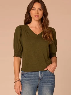 Elbow Blouson Sleeve Scallop V-Neck Smocked Knit Top