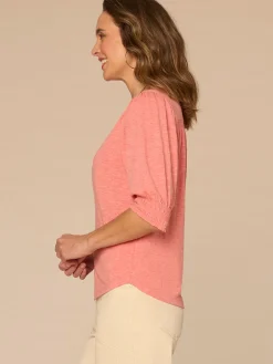 Elbow Blouson Sleeve Scallop V-Neck Smocked Knit Top