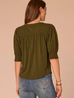 Elbow Blouson Sleeve Scallop V-Neck Smocked Knit Top
