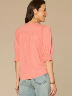 Elbow Blouson Sleeve Scallop V-Neck Smocked Petite Knit Top