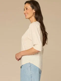 Elbow Blouson Sleeve Scallop V-Neck Smocked Petite Knit Top
