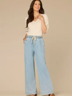 Elbow Blouson Sleeve Scallop V-Neck Smocked Petite Knit Top