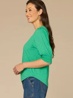 Elbow Blouson Sleeve Scallop V-Neck Smocked Petite Knit Top