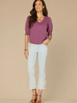 Elbow Blouson Sleeve Scallop V-Neck Smocked Petite Knit Top