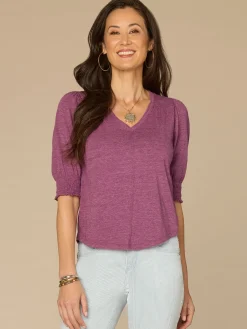 Elbow Blouson Sleeve Scallop V-Neck Smocked Petite Knit Top
