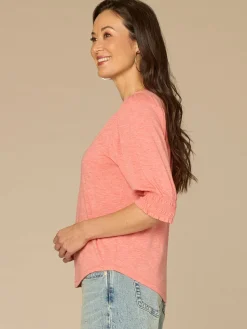 Elbow Blouson Sleeve Scallop V-Neck Smocked Petite Knit Top