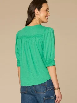 Elbow Blouson Sleeve Scallop V-Neck Smocked Knit Top