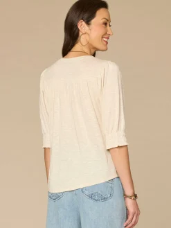Elbow Blouson Sleeve Scallop V-Neck Smocked Knit Top