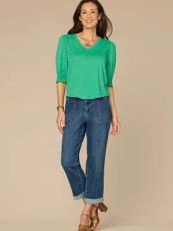 Elbow Blouson Sleeve Scallop V-Neck Smocked Plus Size Knit Top