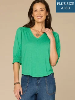 Elbow Blouson Sleeve Scallop V-Neck Smocked Plus Size Knit Top