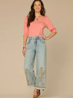 Elbow Blouson Sleeve Scallop V-Neck Smocked Plus Size Knit Top