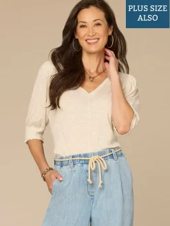Elbow Blouson Sleeve Scallop V-Neck Smocked Plus Size Knit Top