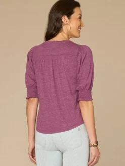 Elbow Blouson Sleeve Scallop V-Neck Smocked Plus Size Knit Top