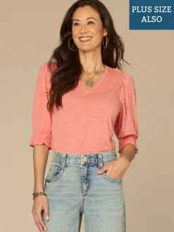 Elbow Blouson Sleeve Scallop V-Neck Smocked Plus Size Knit Top