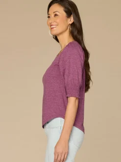 Elbow Blouson Sleeve Scallop V-Neck Smocked Plus Size Knit Top
