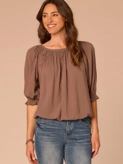 Elbow Blouson Sleeve Scoop Neck Bubble Hem Smocked Petite Woven Top
