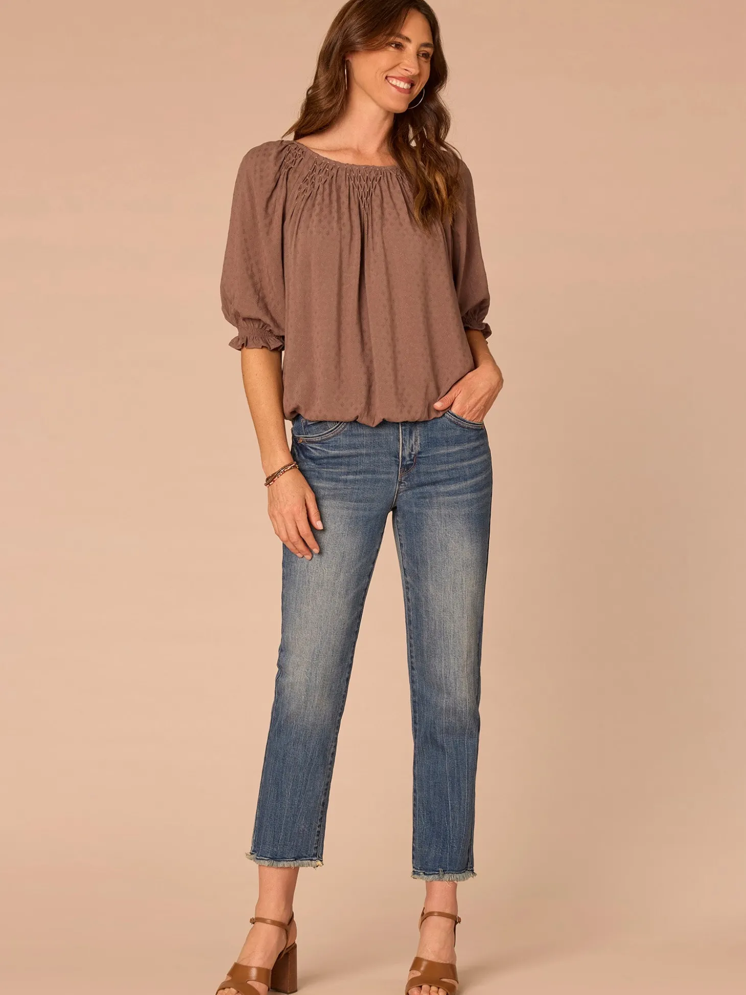 Elbow Blouson Sleeve Scoop Neck Bubble Hem Smocked Petite Woven Top