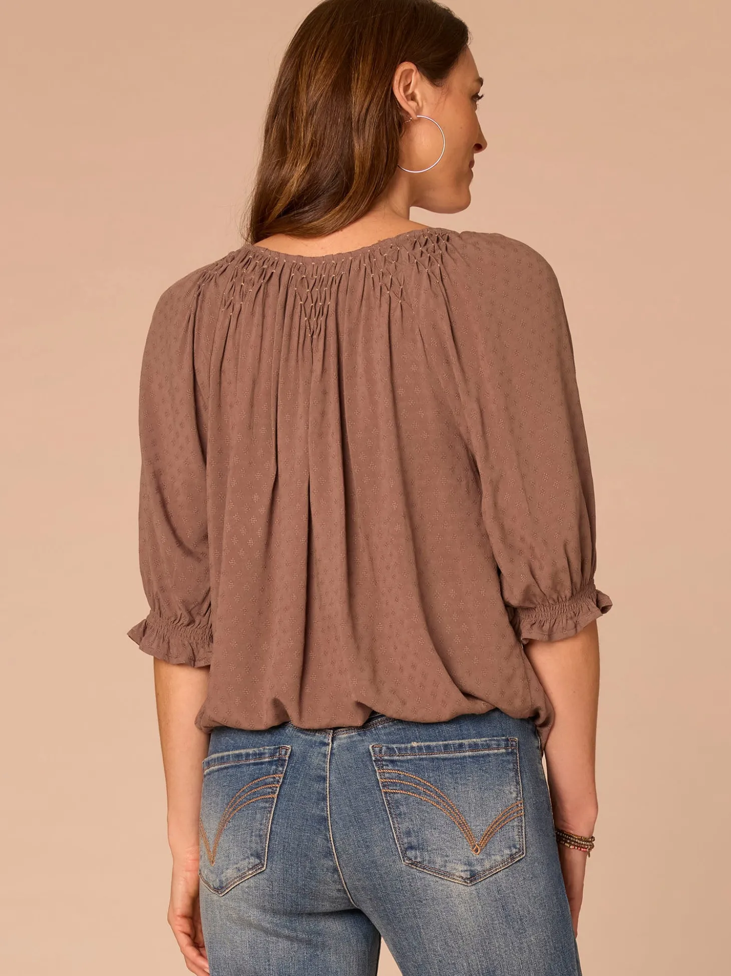 Elbow Blouson Sleeve Scoop Neck Bubble Hem Smocked Petite Woven Top