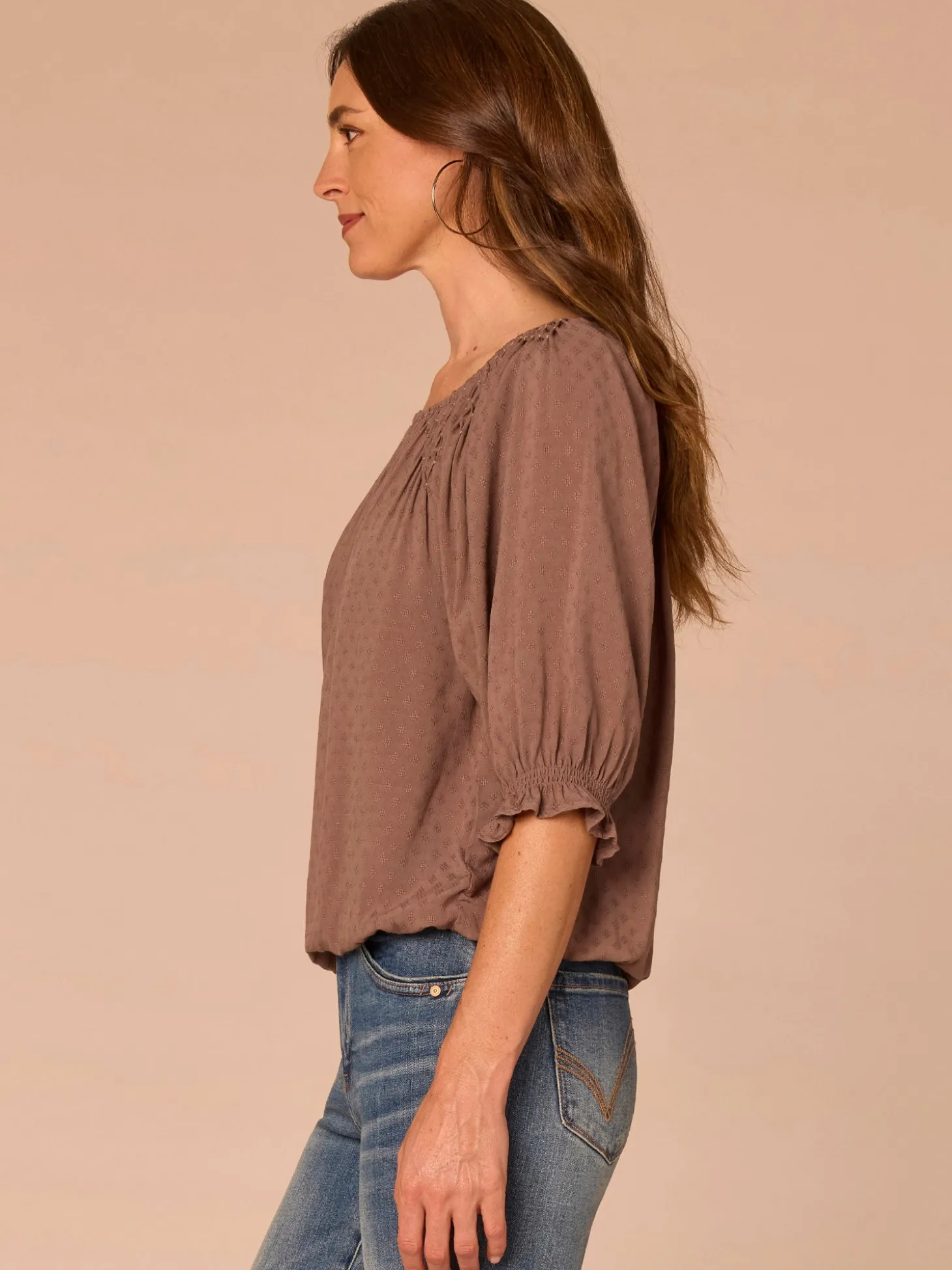 Elbow Blouson Sleeve Scoop Neck Bubble Hem Smocked Petite Woven Top