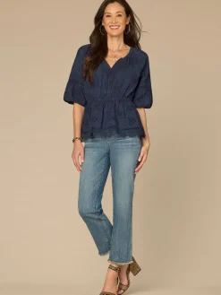 Elbow Bubble Sleeve Ruffle Split Neck Crochet Peplum Petite Woven Top