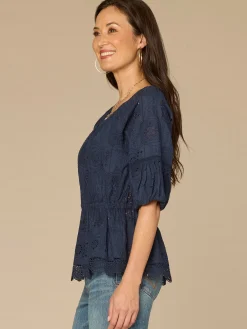 Elbow Bubble Sleeve Ruffle Split Neck Crochet Peplum Petite Woven Top