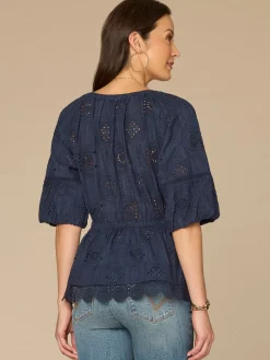 Elbow Bubble Sleeve Ruffle Split Neck Crochet Peplum Petite Woven Top