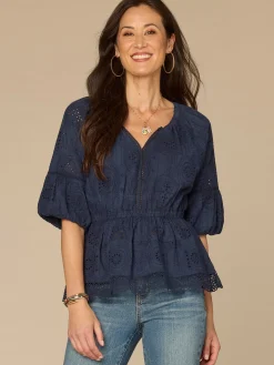 Elbow Bubble Sleeve Ruffle Split Neck Crochet Peplum Woven Top