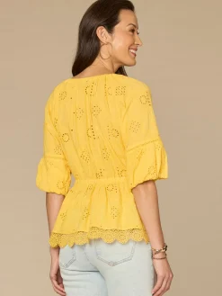 Elbow Bubble Sleeve Ruffle Split Neck Crochet Peplum Woven Top