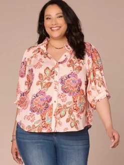 Elbow Length Ruffle Edge Neck Button Down Printed Plus Size Woven Top